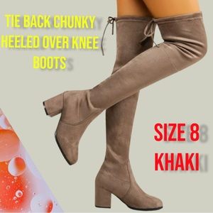 NEW WOMEN TIE BACK CHUNKY HEELED OVER KNEE BOOTS khaki size 8